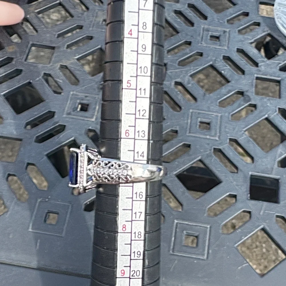 Radiant Cut 3.10 ct Lab Created Sapphire Ring Blue & White Sterling Size 7